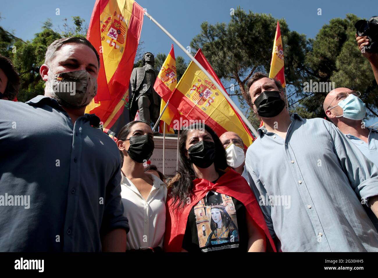 Madrid, Spain; 13.06.2021.- Santiago Abascal (L) leader of Vox the politician with the greatest presence in the demonstration in the Plaza de Colon, at the monument to the Spanish admiral Blas de Lezo, who was one-eyed, lame and one-eyed. 'Unión 78' platform led by the Spanish politician Rosa Díez, the group that convened the meeting of the far-right in the Plaza de Colón in Madrid, to protest the possible pardons to the imprisoned Catalan independence politicians. Among thousands of people who filled the square and the adjacent streets with Spanish flags, the attendees shouted slogans such as Stock Photo