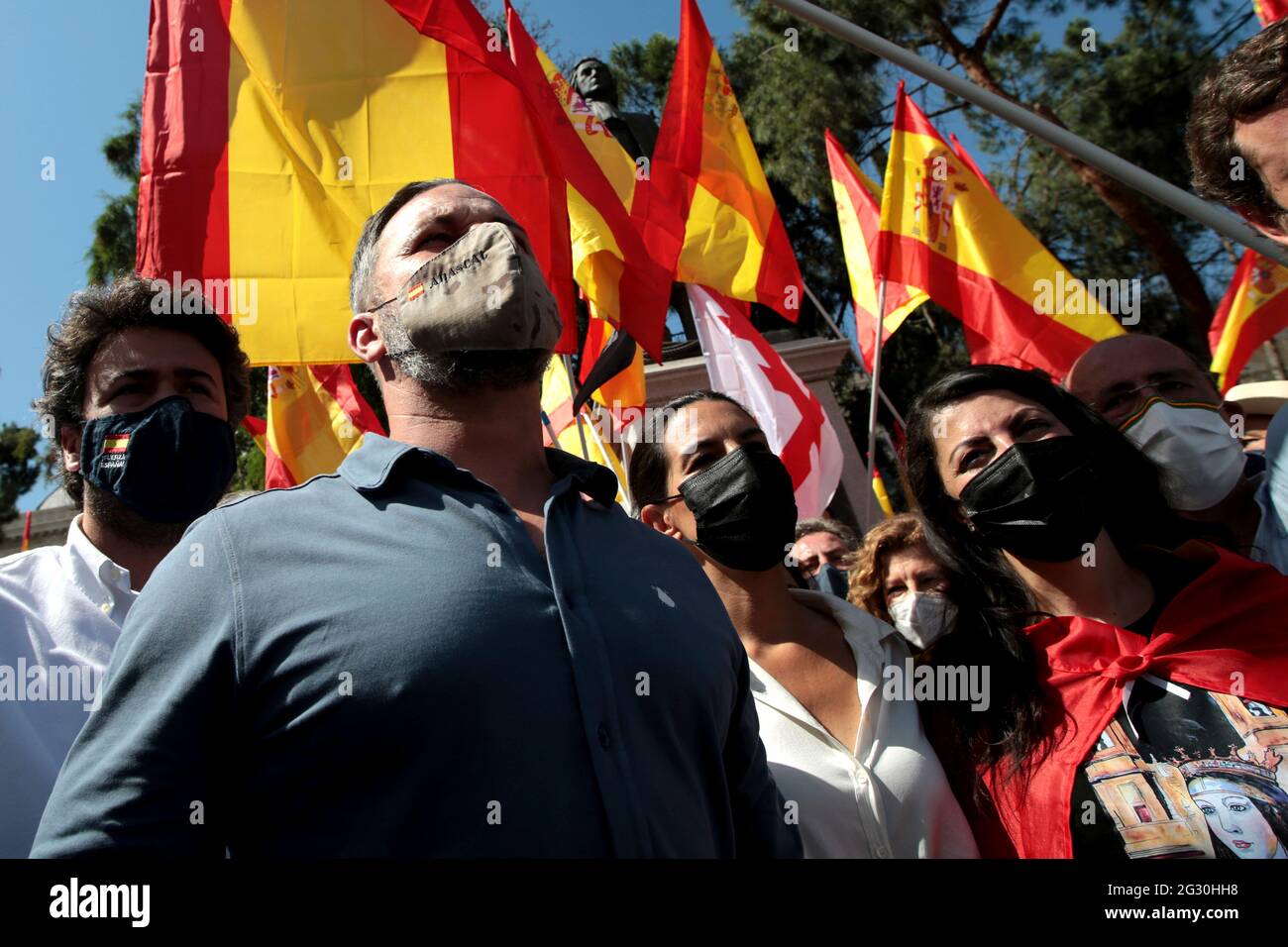 Madrid, Spain; 13.06.2021.- Santiago Abascal leader of Vox the politician with the greatest presence in the demonstration in the Plaza de Colon, at the monument to the Spanish admiral Blas de Lezo, who was one-eyed, lame and one-eyed. 'Unión 78' platform led by the Spanish politician Rosa Díez, the group that convened the meeting of the far-right in the Plaza de Colón in Madrid, to protest the possible pardons to the imprisoned Catalan independence politicians. Among thousands of people who filled the square and the adjacent streets with Spanish flags, the attendees shouted slogans such as 'Ma Stock Photo