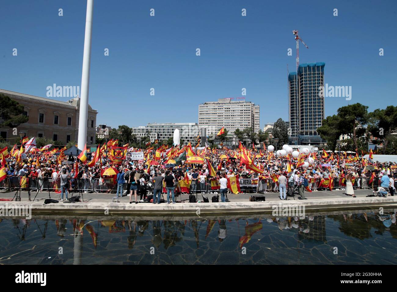 Madrid, Spain; 13.06.2021.- 'Unión 78' platform led by the Spanish politician Rosa Díez, the group that convened the meeting of the far-right in the Plaza de Colón in Madrid, to protest the possible pardons to the imprisoned Catalan independence politicians. Among thousands of people who filled the square and the adjacent streets with Spanish flags, the attendees shouted slogans such as 'Madrid will be the tomb of Sanchismo' by the president of Spain Pedro Sanchez and copying the slogan 'Madrid will be the tomb of fascism' Photo: Juan Carlos Rojas/Picture Alliance Stock Photo