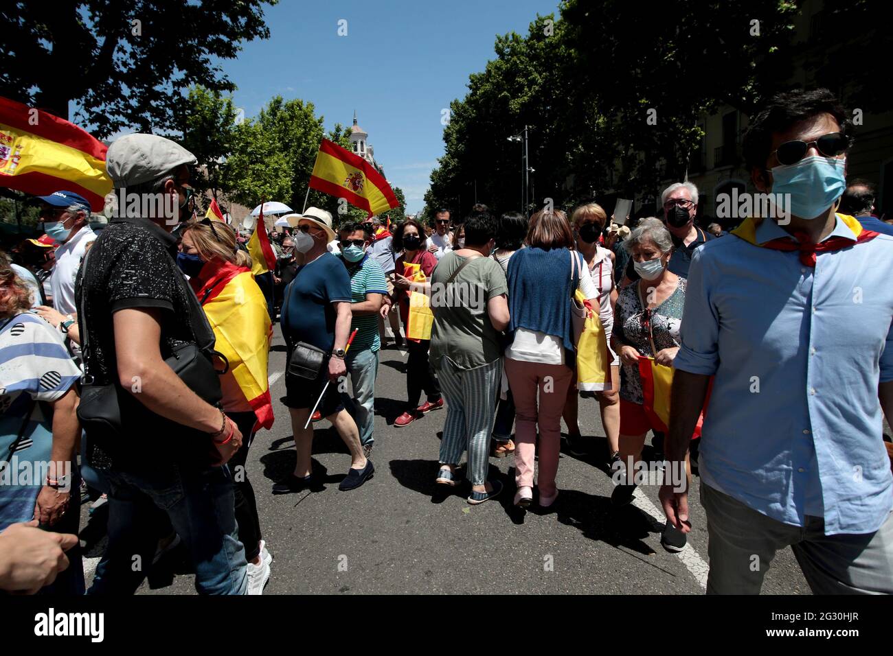 Madrid, Spain; 13.06.2021.- 'Unión 78' platform led by the Spanish politician Rosa Díez, the group that convened the meeting of the far-right in the Plaza de Colón in Madrid, to protest the possible pardons to the imprisoned Catalan independence politicians. Among thousands of people who filled the square and the adjacent streets with Spanish flags, the attendees shouted slogans such as 'Madrid will be the tomb of Sanchismo' by the president of Spain Pedro Sanchez and copying the slogan 'Madrid will be the tomb of fascism' Photo: Juan Carlos Rojas/Picture Alliance Stock Photo