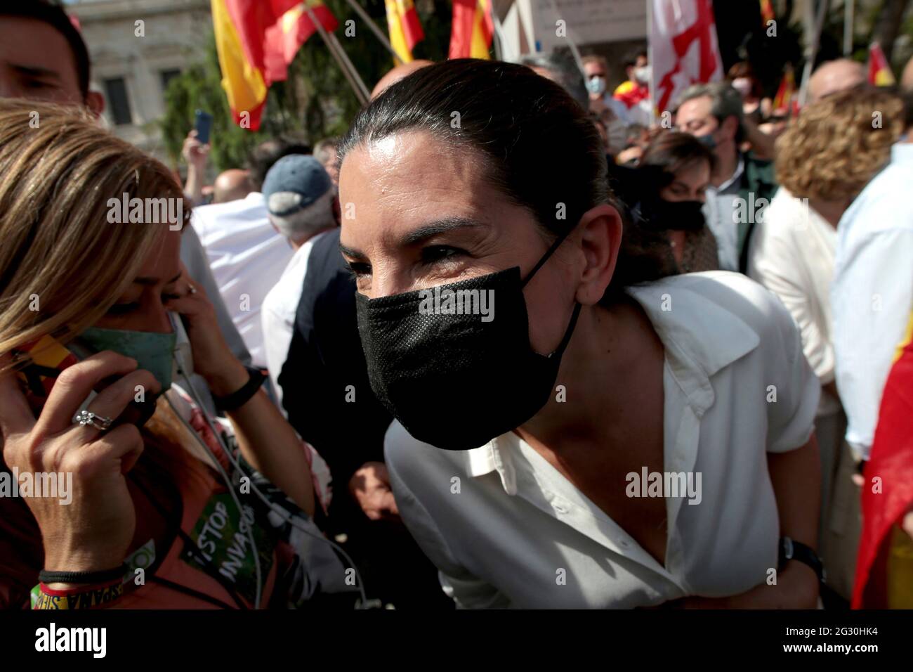 Madrid, Spain; 13.06.2021.- Rocío Monasterio, deputy of the extreme right party Vox at the monument to the Spanish admiral Blas de Lezo, who was one-eyed, lame and one-eyed. 'Unión 78' platform led by the Spanish politician Rosa Díez, the group that convened the meeting of the far-right in the Plaza de Colón in Madrid, to protest the possible pardons to the imprisoned Catalan independence politicians. Among thousands of people who filled the square and the adjacent streets with Spanish flags, the attendees shouted slogans such as 'Madrid will be the tomb of Sanchismo' by the president of Spain Stock Photo