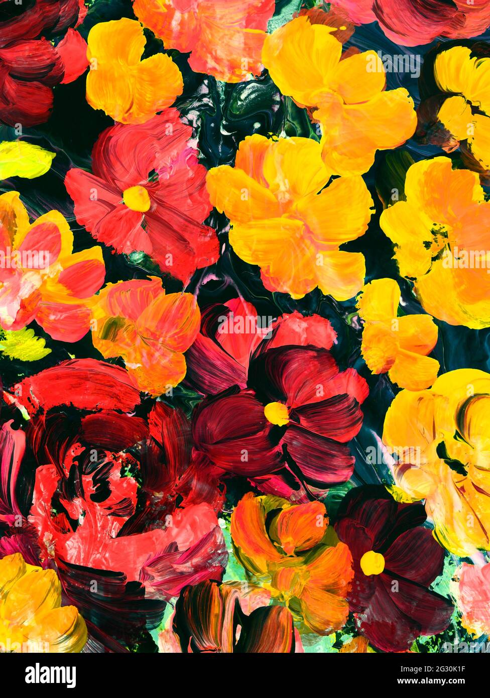 Red and yellow  flowers, abstract art painting, creative hand painted background, brush texture, acrylic painting on canvas. Modern art. Contemporary Stock Photo