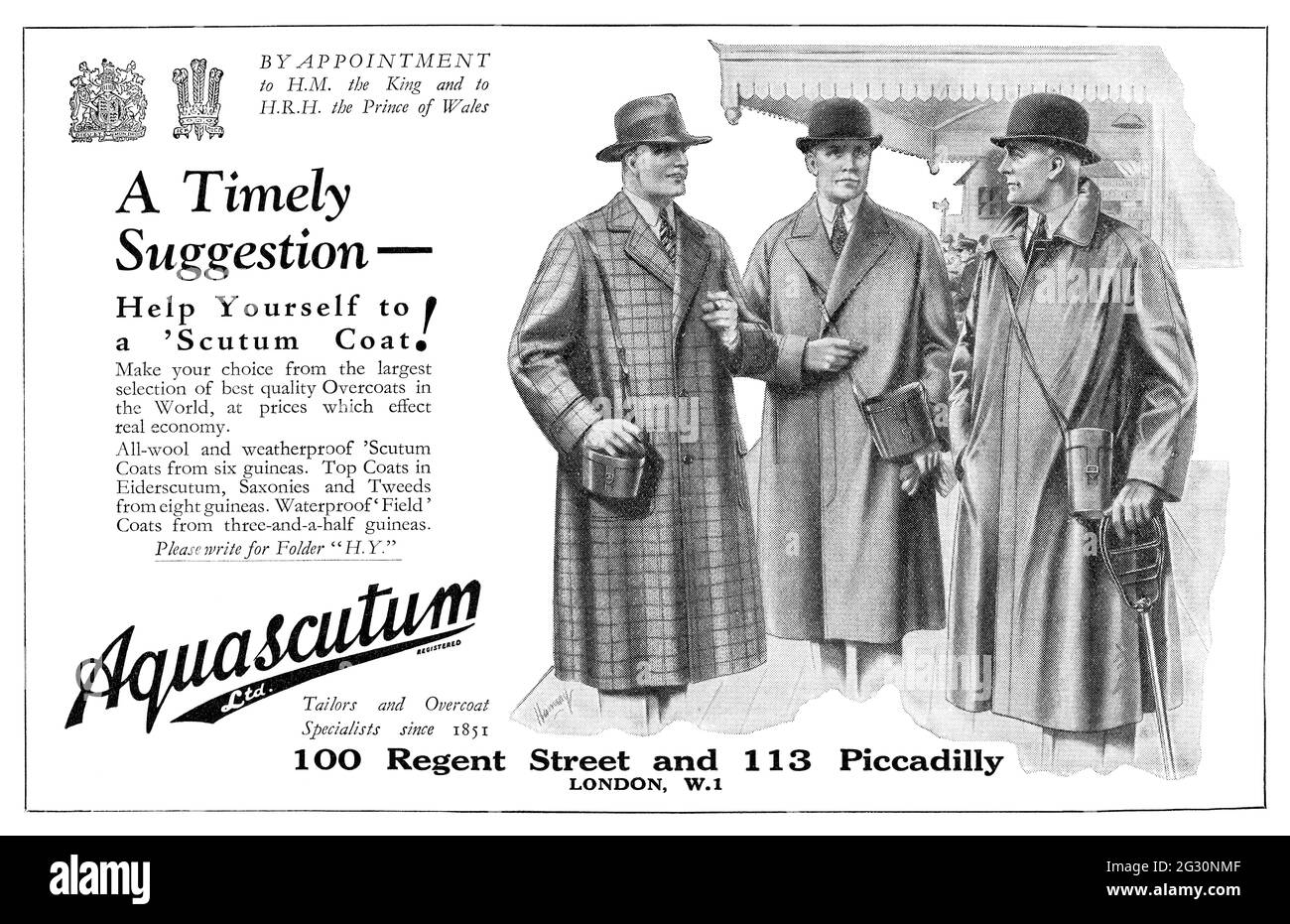 1930 British advertisement for Aquascutum men's overcoats Stock Photo -  Alamy