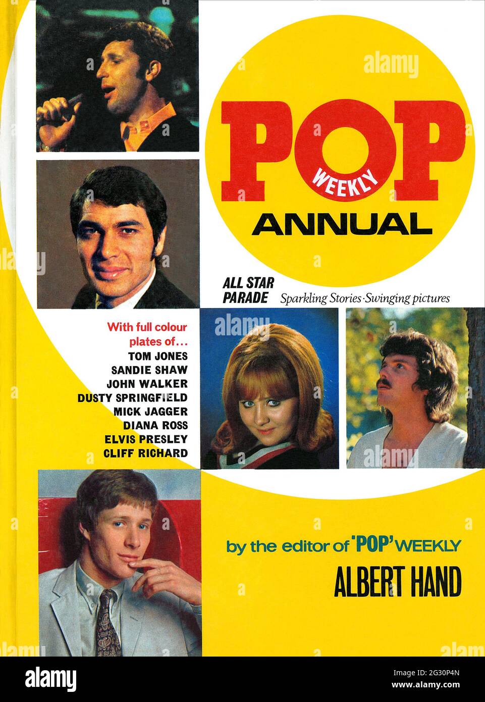 Vintage book cover of the Pop Weekly Annual, 1969, edited by Albert Hand. Cover stars are Tom Jones, Engelbert Humperdinck, Lulu, Scott MacKenzie and Paul Jones. Stock Photo