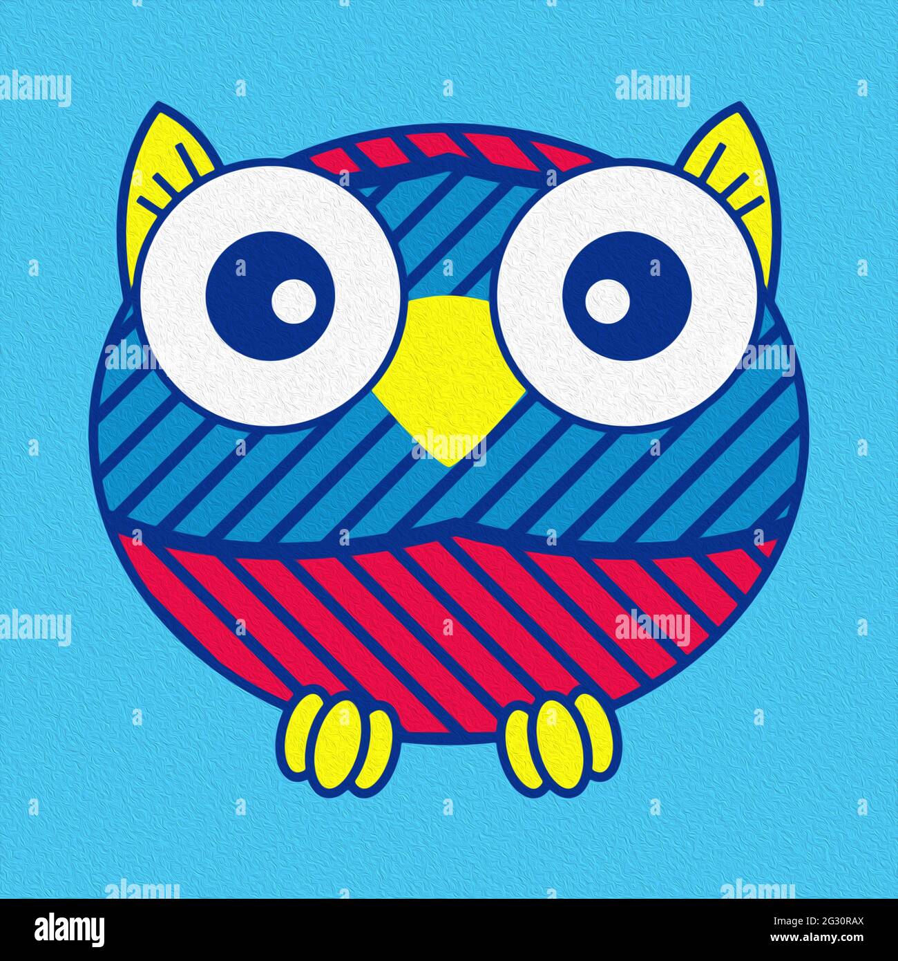Illustration of a funny oval owl on blue background, made as an oil painting Stock Photo