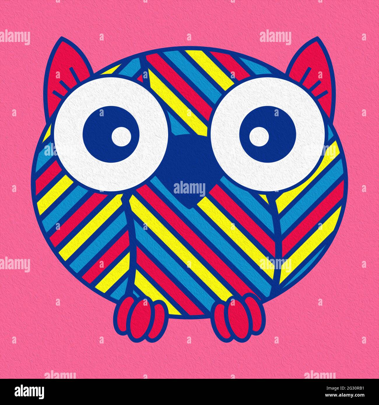 Illustration of a funny cartoon oval owl on pink background, made as an oil painting Stock Photo