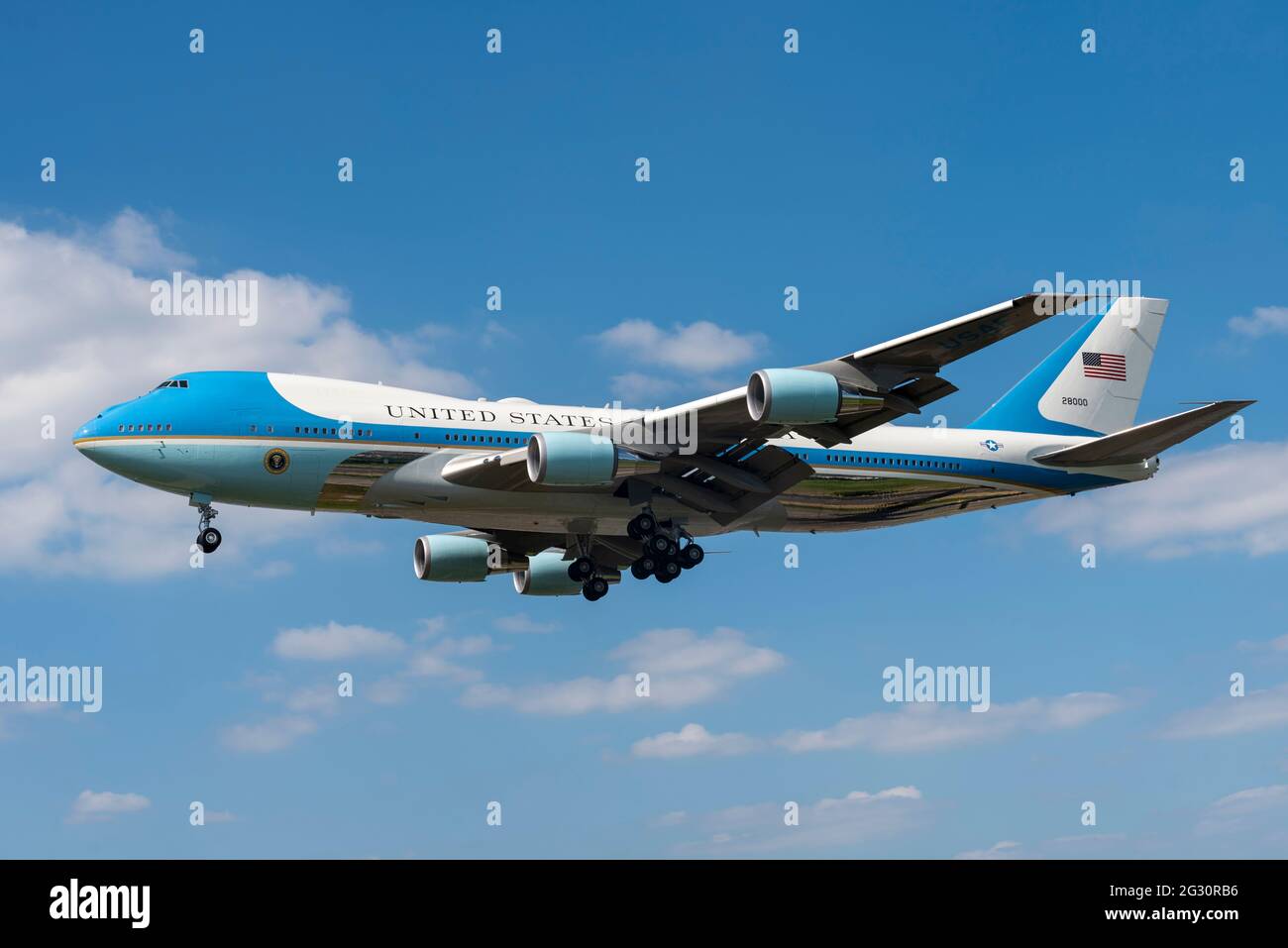 London Heathrow Airport, London, UK. 13th Jun, 2021. US Air Force Boeing VC-25A call sign 'Air Force One' has arrived from Newquay with US president Joe Biden on board for his visit with the Queen. Landing at London Heathrow Airport on a bright sunny day Stock Photo