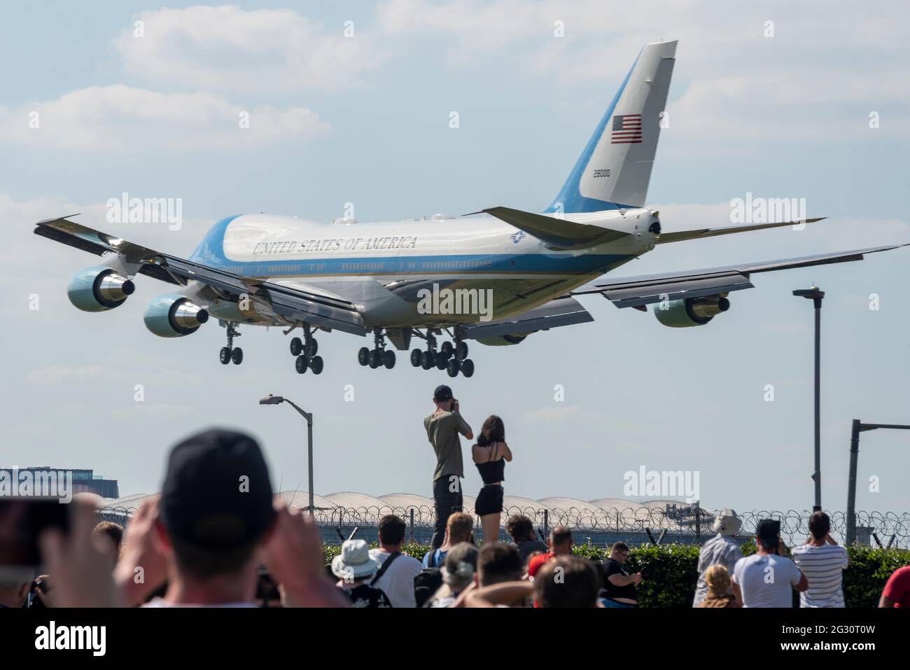 London Heathrow Airport, London, UK. 13th Jun, 2021. US Air Force Boeing  VC-25A call sign 'Air Force One' has arrived from Newquay with US president  Joe Biden on board for his visit