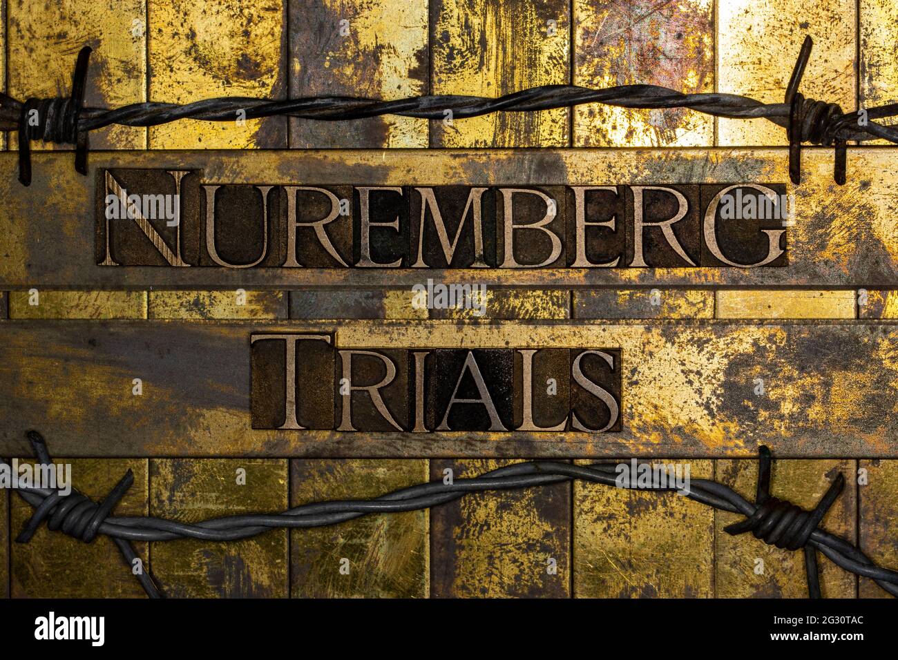 Nuremberg Trials text on vintage textured grunge copper and gold bar