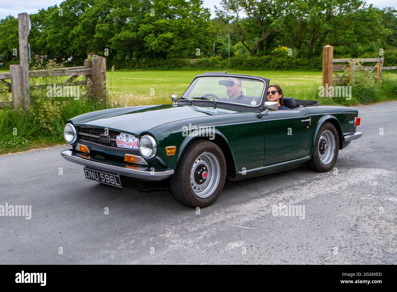 1973 70s green Triumph TR6 2498cc at the 58th Annual Manchester to Blackpool Vintage & Classic Car Run The event is a ‘Touring Assembly’ Stock Photo