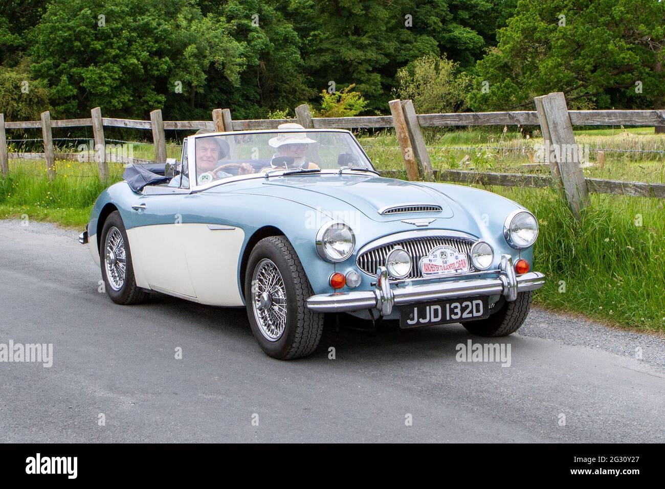1966 60s blue white Austin Healey 3000cc petrol car at the 58th Annual Manchester to Blackpool Vintage & Classic Car Run a ‘Touring Assembly’ event UK Stock Photo