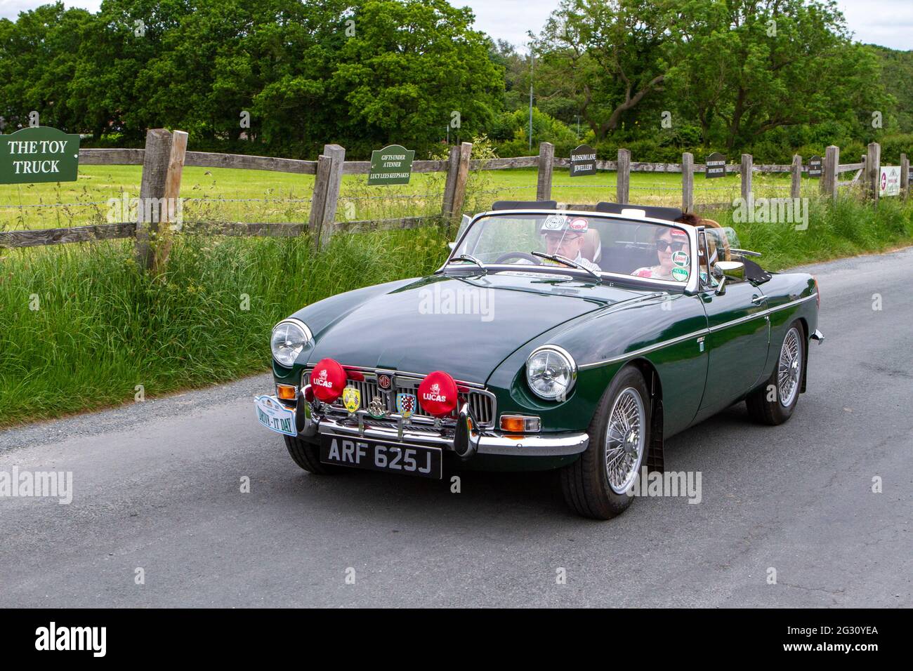 1971 70s green MG B 1798cc petrol sports car a the 58th Annual Manchester to Blackpool Vintage & Classic Car Run The event is a ‘Touring Assembly’ Stock Photo