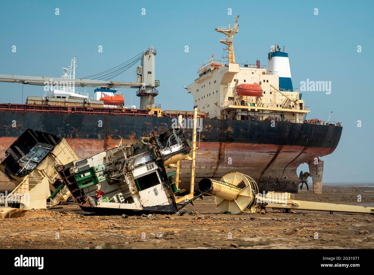 Alang ,01, February,2016: Close up of of Ship Breaking Yard with scrap parts lying in front of other ship in background ,Bhavnagar, Gujarat, India Stock Photo