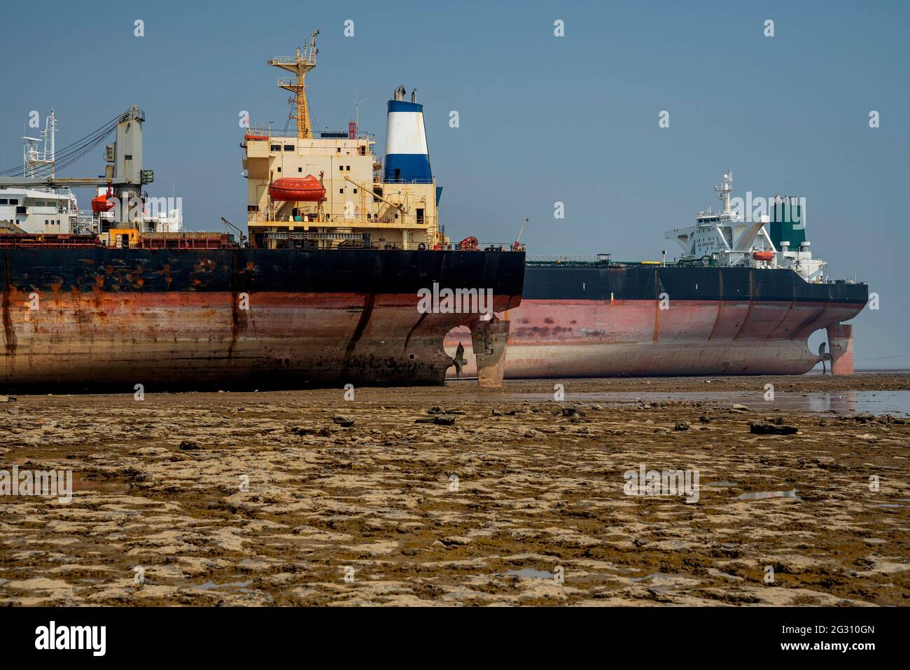 Alang 01,February,2016: Profile view of two large ships under scrapping,   at breaking yard , Bhavnagar, Gujarat, India Stock Photo