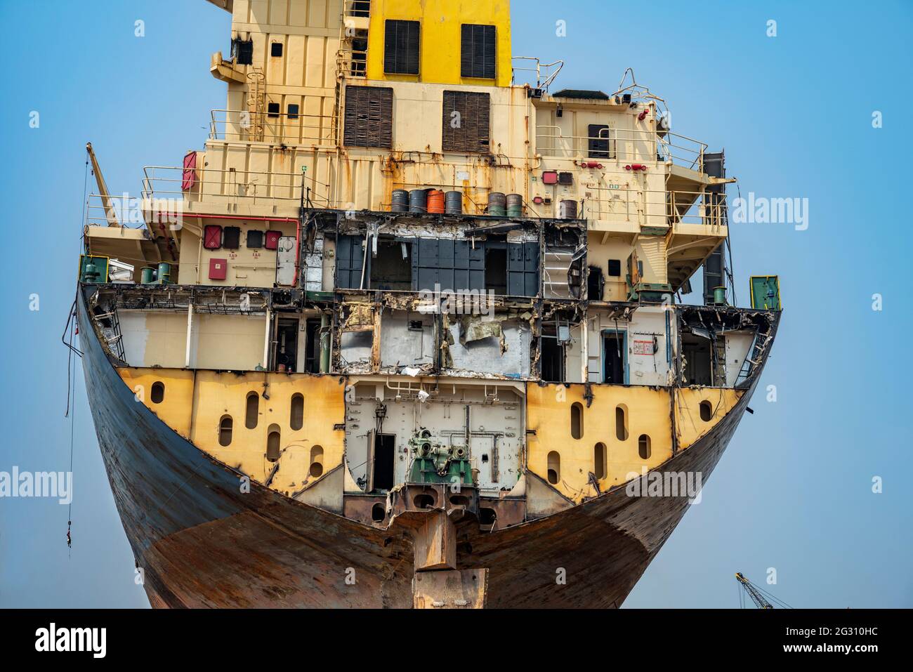 Alang ,01,February,2016: Low angle close up of cutaway section of ship showing details at Ship Breaking Yard,Bhavnagar,Gujarat,India Stock Photo