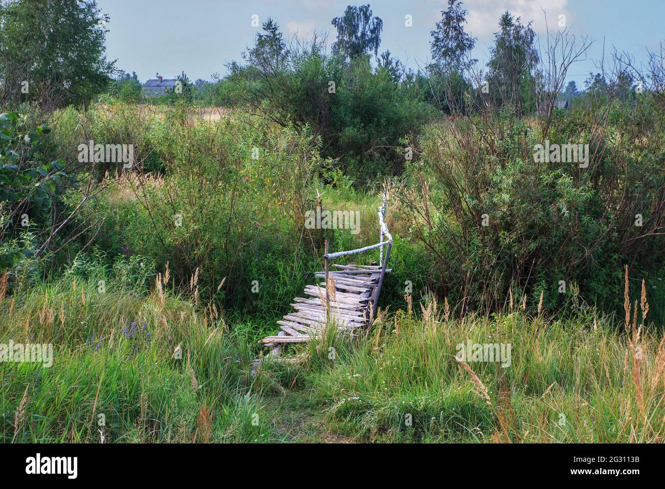 Old wooden bridge over stream in abandoned village Stock Photo - Alamy