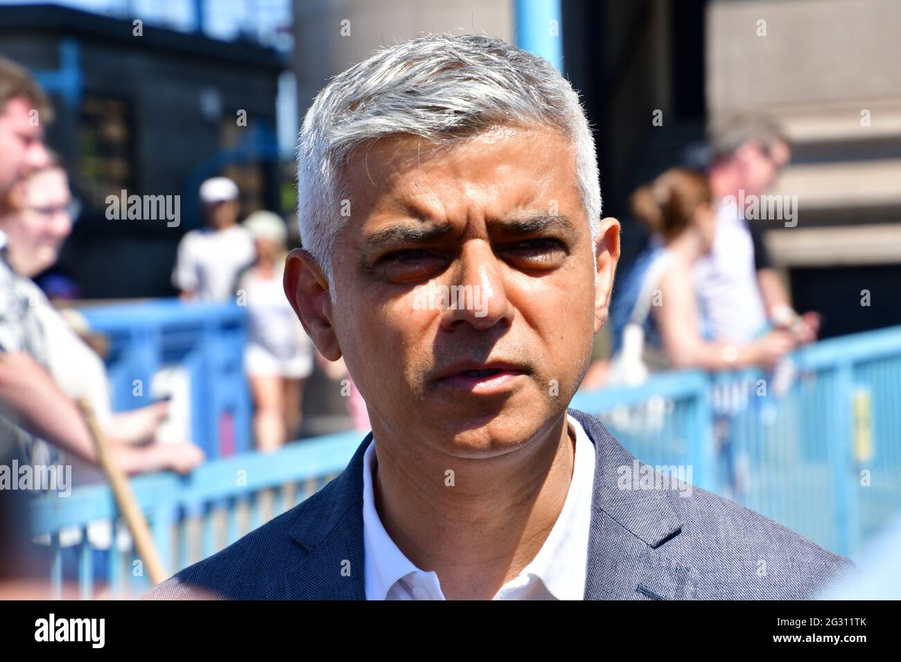 Sadiq Khan is a Mayor of London attend to celebrates London hosting of UEFA EURO 2020 including both semi finals and the final with thousands of poster laid along Tower Bridge on 13th June 2021, London, UK Stock Photo