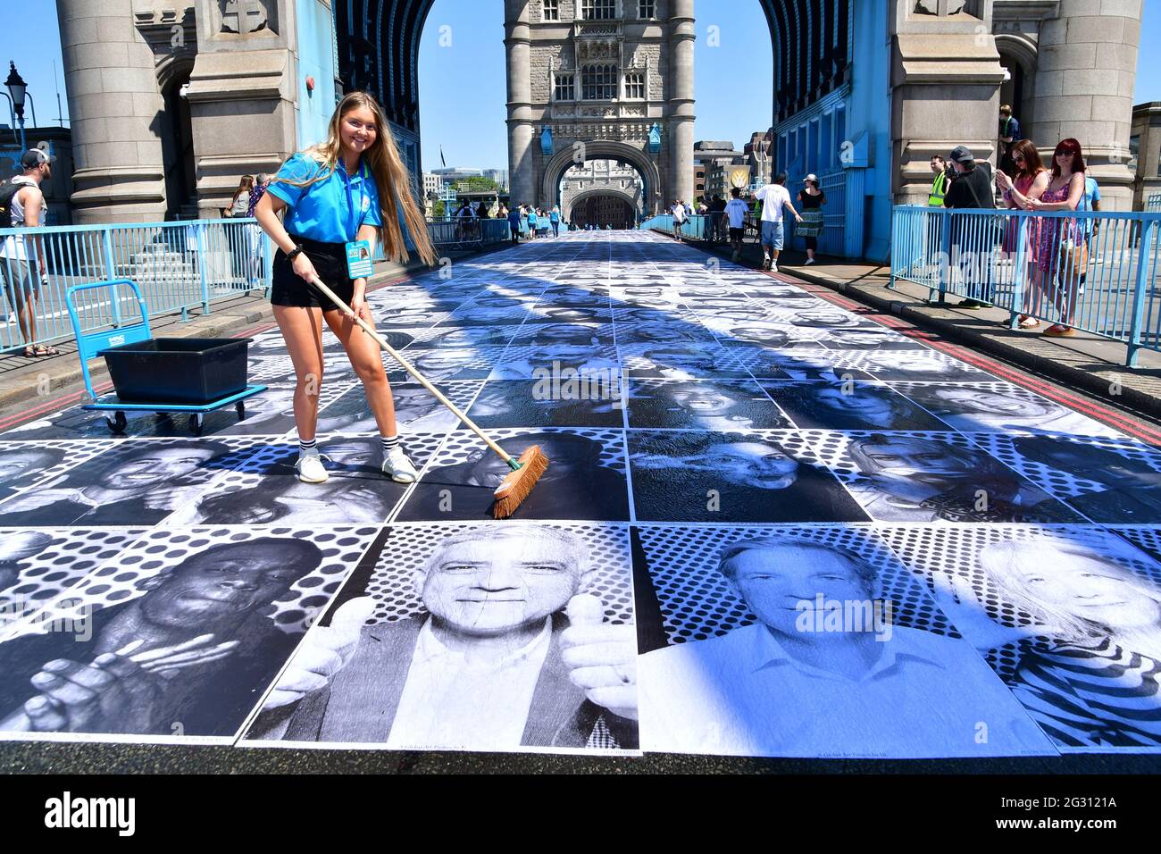 Sadiq Khan, Mayor of London, celebrates London hosting of UEFA EURO 2020 including both semi finals and the final with thousands of poster laid along Tower Bridge on 13th June 2021, London, UK Stock Photo