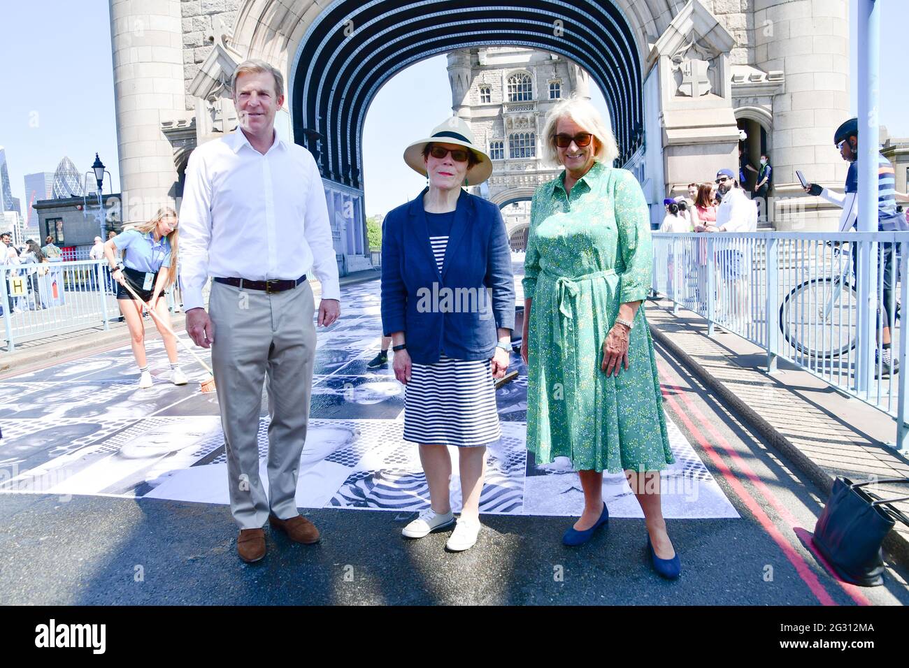 William Russell is the Lord Mayor of the City of London, Wendy Hype attend to celebrates London hosting of UEFA EURO 2020 including both semi finals and the final with thousands of poster laid along Tower Bridge on 13th June 2021, London, UK Stock Photo