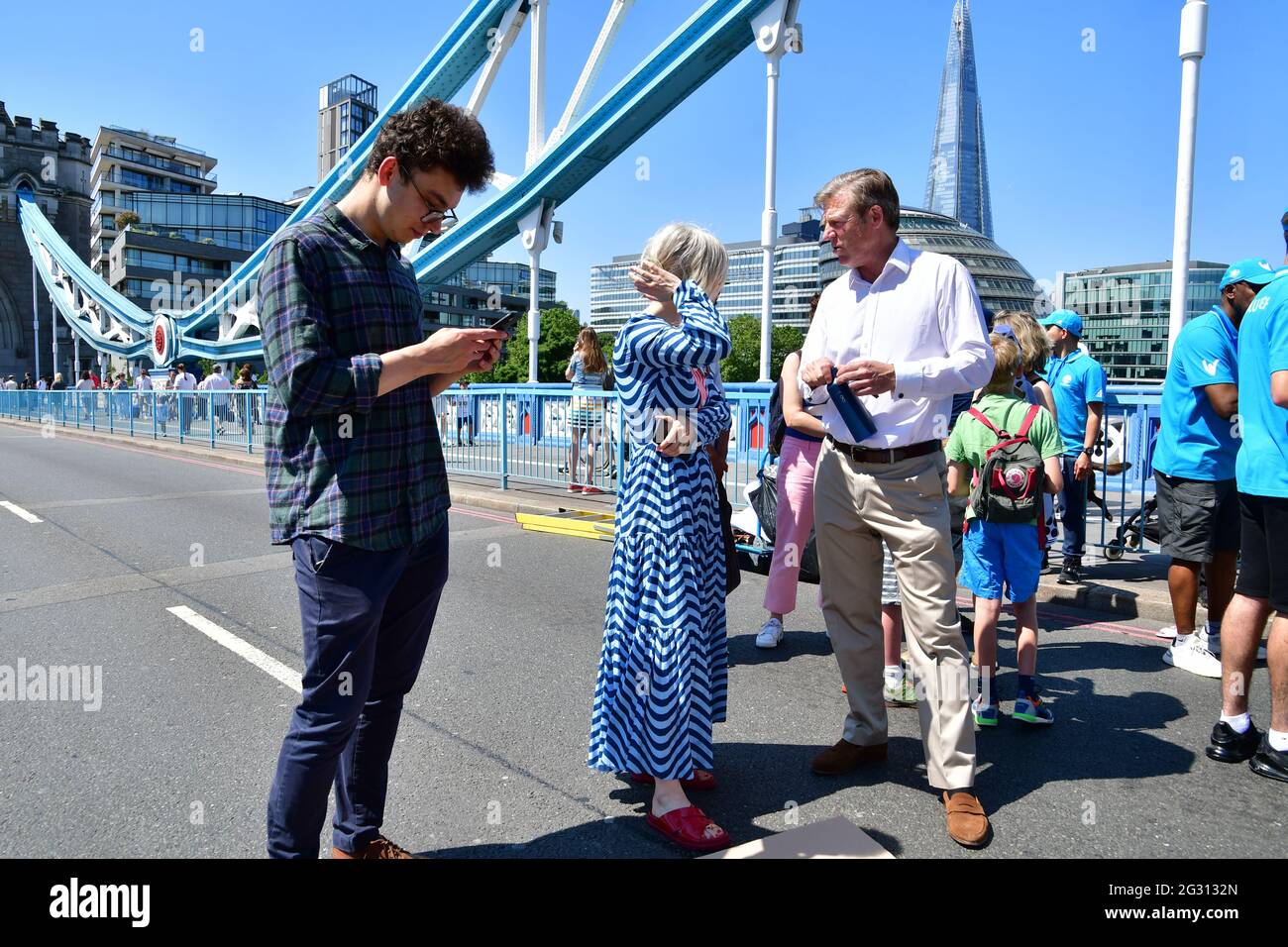 William Russell is the Lord Mayor of the City of London, Justine Simons attend to celebrates London hosting of UEFA EURO 2020 including both semi finals and the final with thousands of poster laid along Tower Bridge on 13th June 2021, London, UK Stock Photo