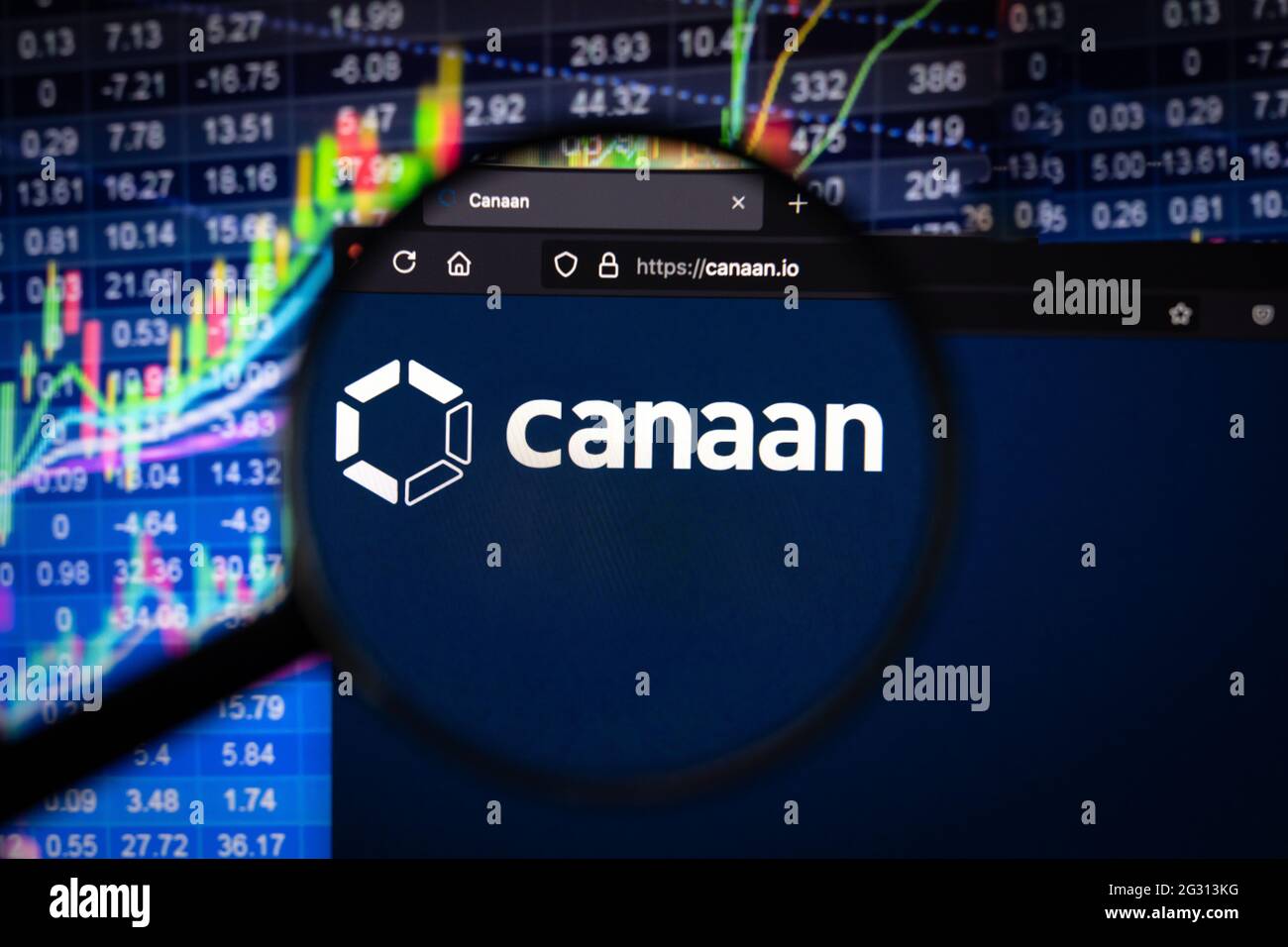 Canaan company logo on a website with blurry stock market developments in the background, seen on a computer screen through a magnifying glass Stock Photo