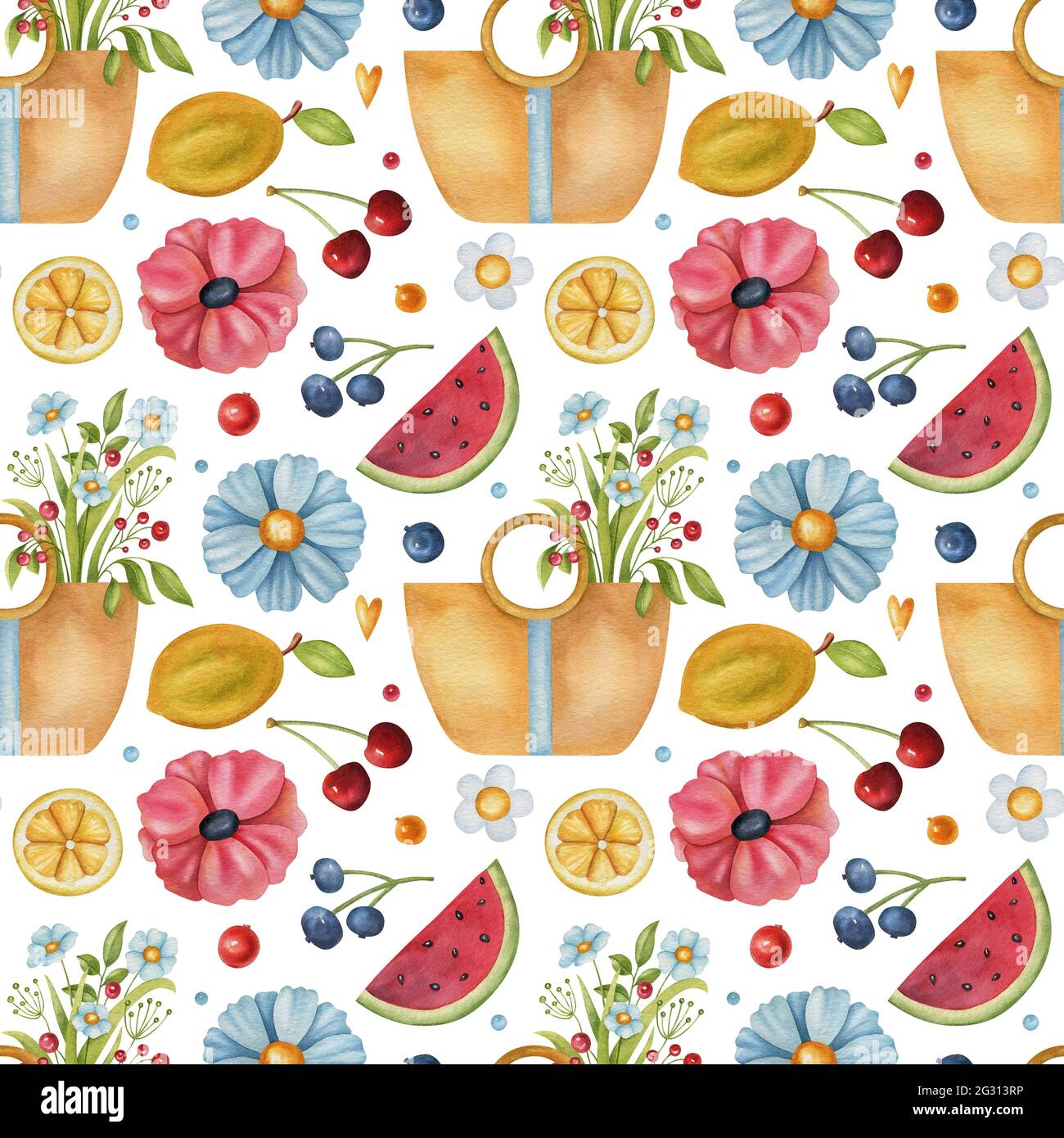 Seamless watercolor pattern with bag, flower, watermelon, lemon, cherry ...