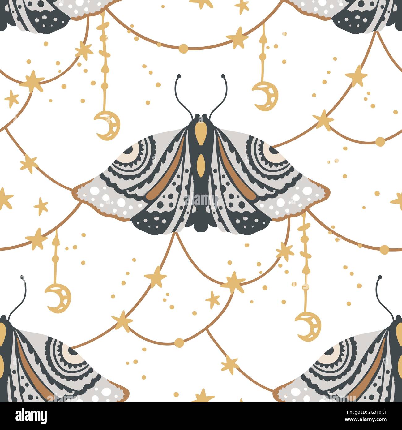 Boho butterfly seamless pattern on a white background. Summer moth