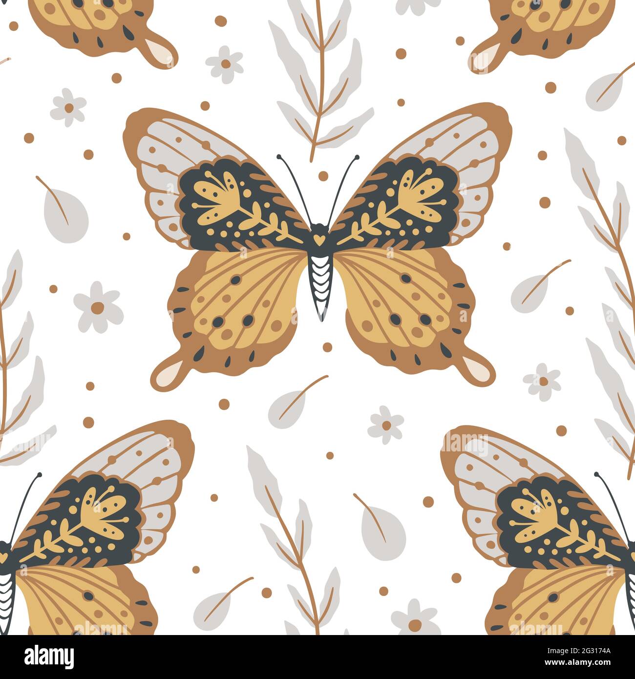 Boho butterfly seamless pattern on a white background. Summer moth