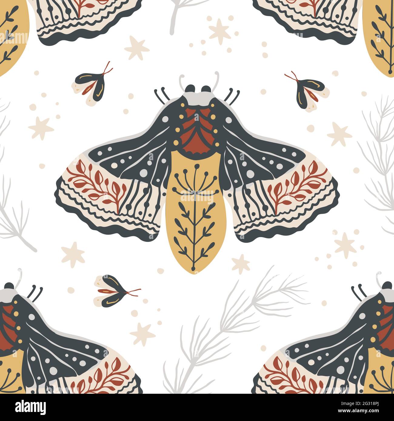 Boho butterfly seamless pattern on a white background. Summer moth