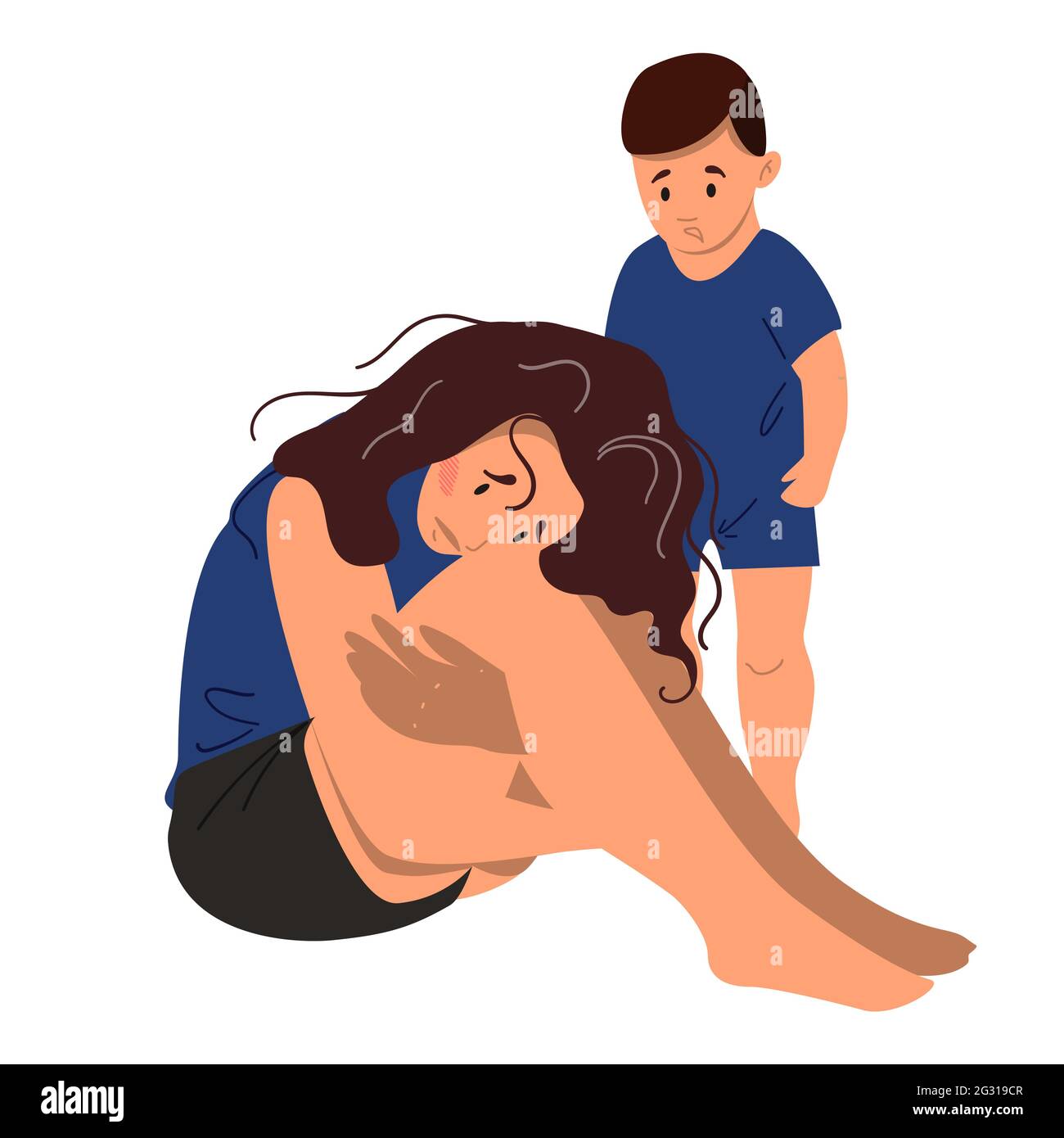 Sad mother sitting on the floor with her crying child. Postpartum  depression concept. Colorful vector illustration in flat cartoon style  Stock Vector Image & Art - Alamy