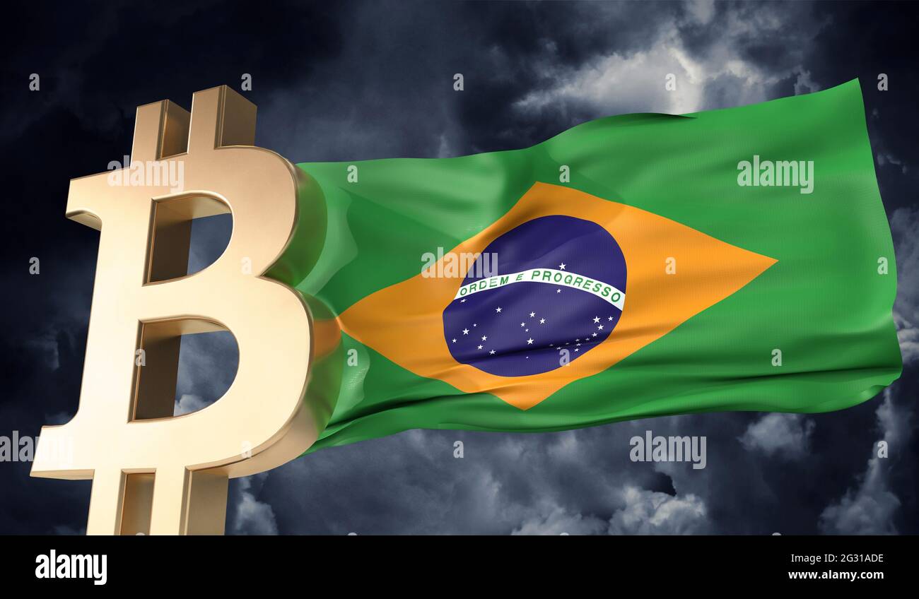Gold bitcoin cryptocurrency with a waving Brazil flag. 3D Rendering Stock  Photo - Alamy