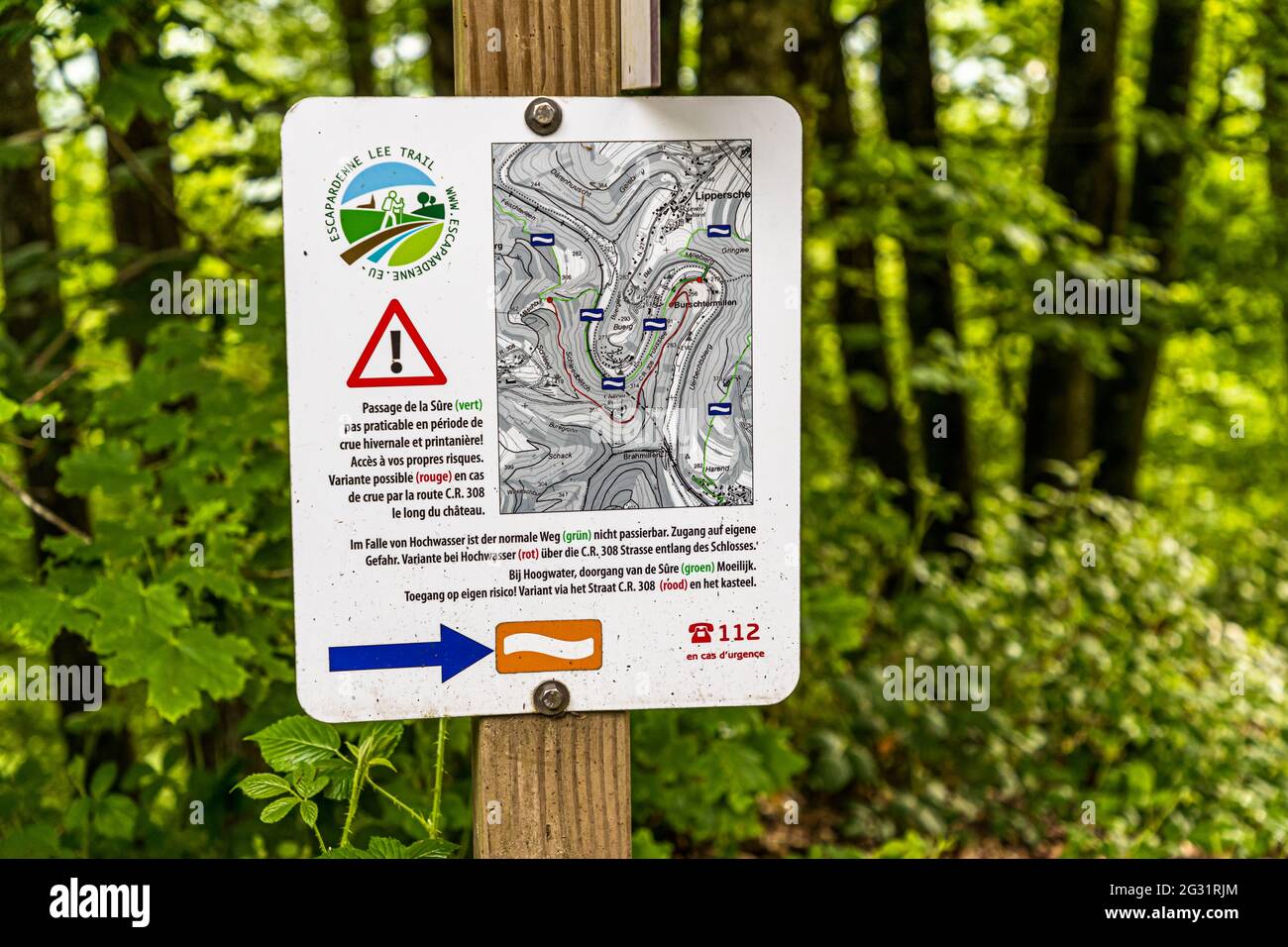 Signs on the Escardienne LEE Trail hiking trail near Lipperscheid, Luxembourg Stock Photo