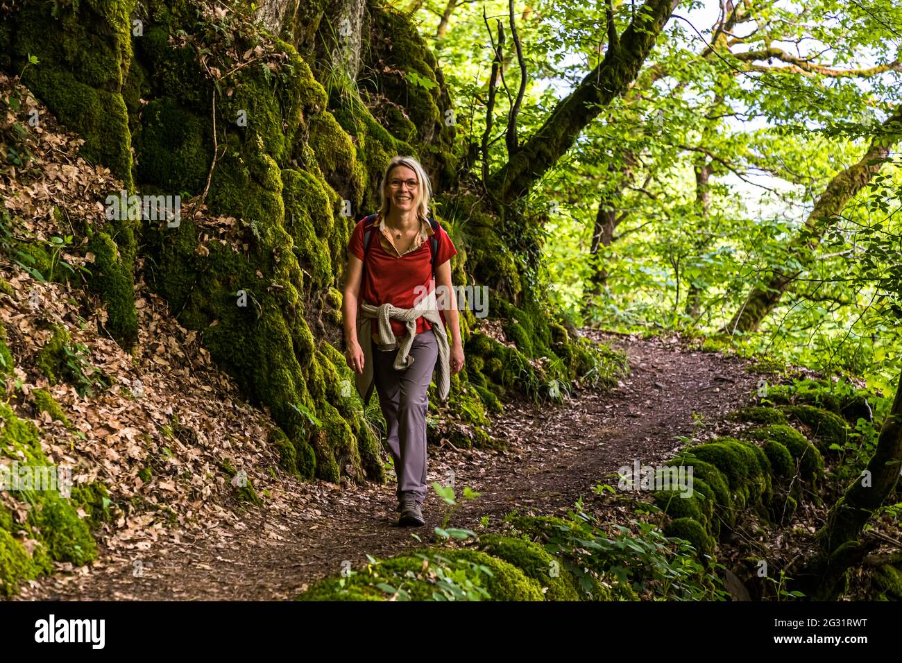Hiking on the Escardienne LEE Trail hiking trail near Lipperscheid, Luxembourg. The hike along narrow forest paths is pure relaxation Stock Photo