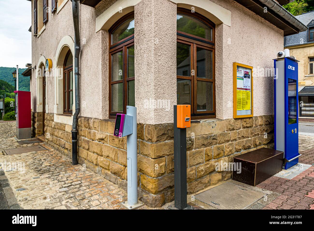 Ticket counters and Ticket validators have had their day in the Grand Duchy of Luxembourg. A ticket only has to be paid for 1st class travel. All other connections, whether bus or rail, are free throughout the country. Schlindermanderscheid, Luxembourg Stock Photo