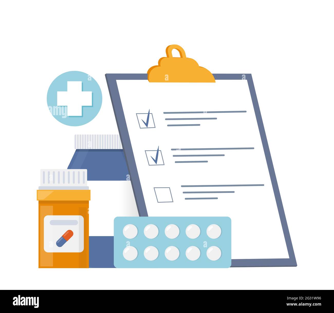 Vials of medicines, tablets, capsules and clipboard with checklist. Medicine, pharmacy concept. Drug, medication, plastic bottle with pills. Vector il Stock Vector