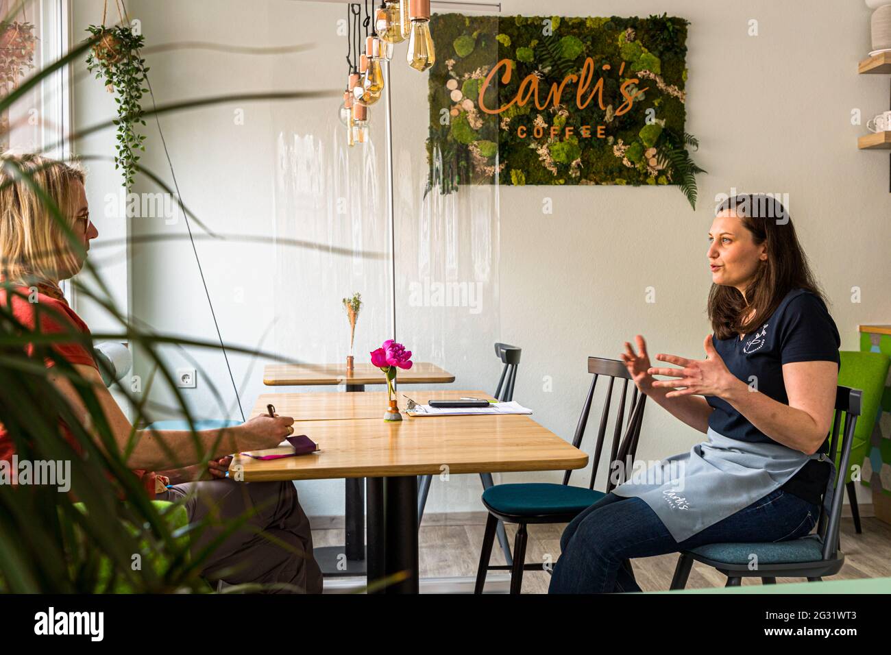 Carli's Coffee in Echternach, Luxembourg. Caroline Nockels has fulfilled her dream of owning a coffee shop in Echternach in the midst of the pandemic. Carli's Coffee is located close to Echternach's market square Stock Photo