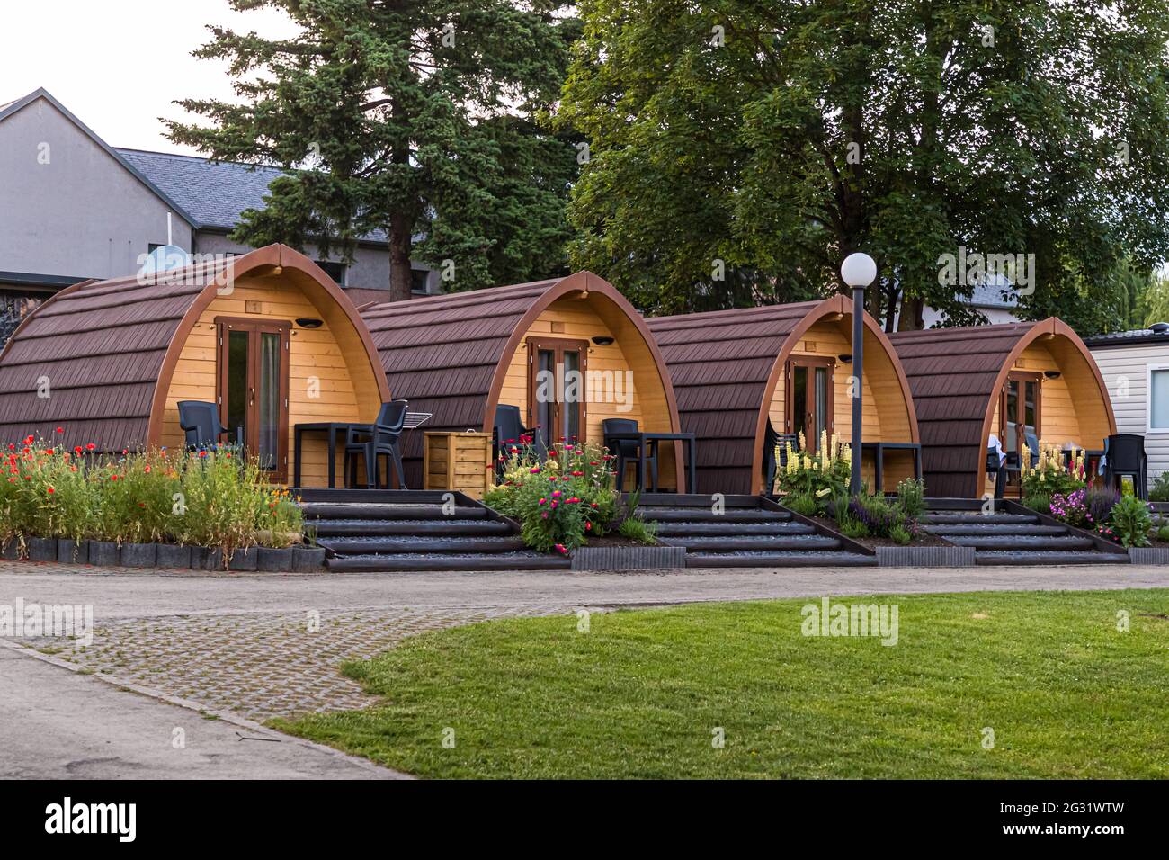 Wooden accommodation on the campsite in Grevenmacher, Luxembourg Stock Photo