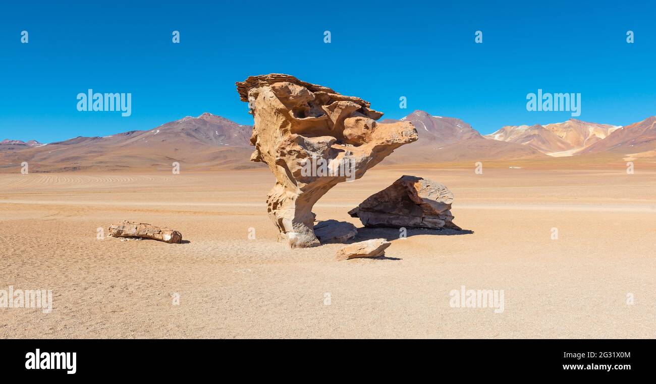 Stone Tree (arbol de piedra) panorama in the siloli desert, Uyuni salt flat, Bolivia. Stock Photo
