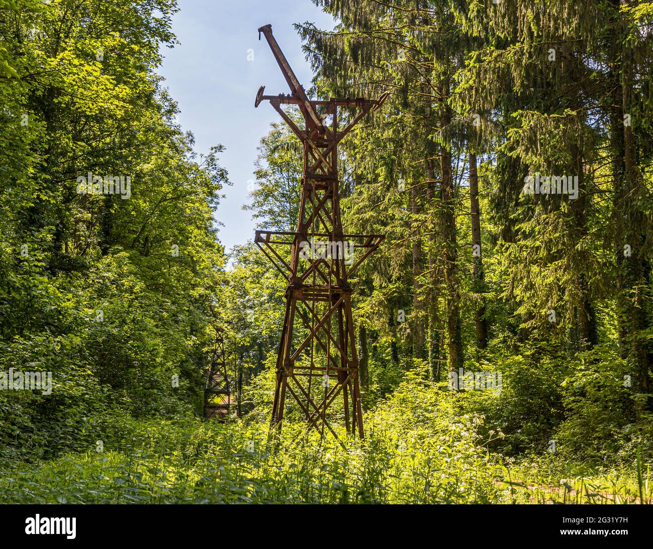 Remains of a cable car for mining in Esch-sur-Alzette, Luxembourg. On the Minett Trail you will always come across traces of the industrial age Stock Photo