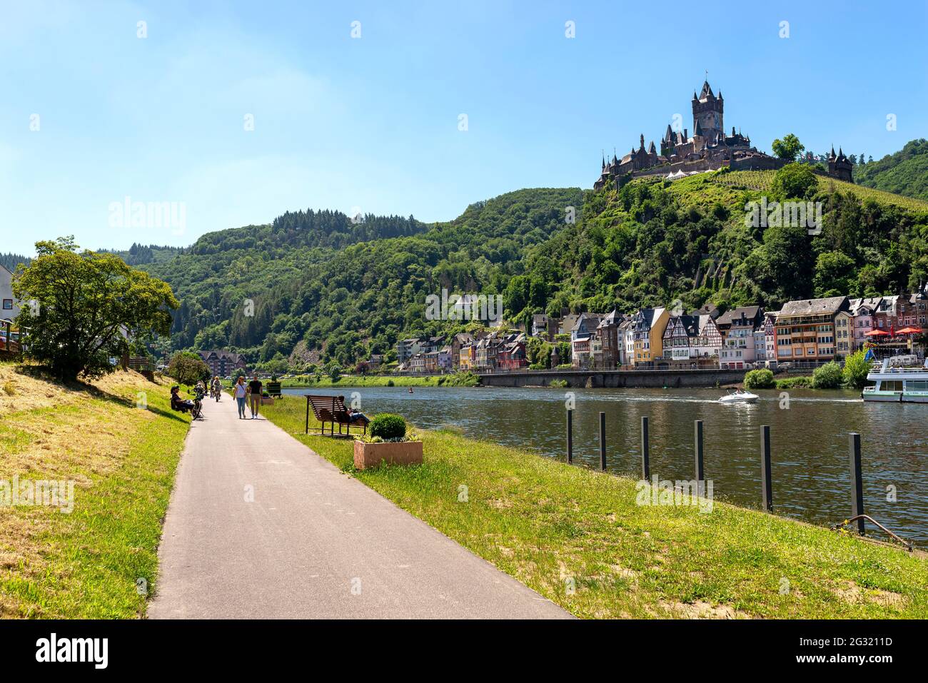 Cochem, Germany, June 13, 2021. Beautiful view of the hilltop castle (Reichsburg Cochem) and old