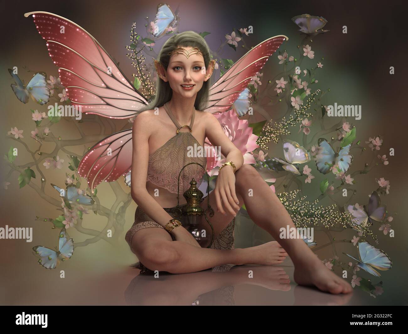 3d computer graphics of a fairy with butterfly wings and lantern Stock Photo