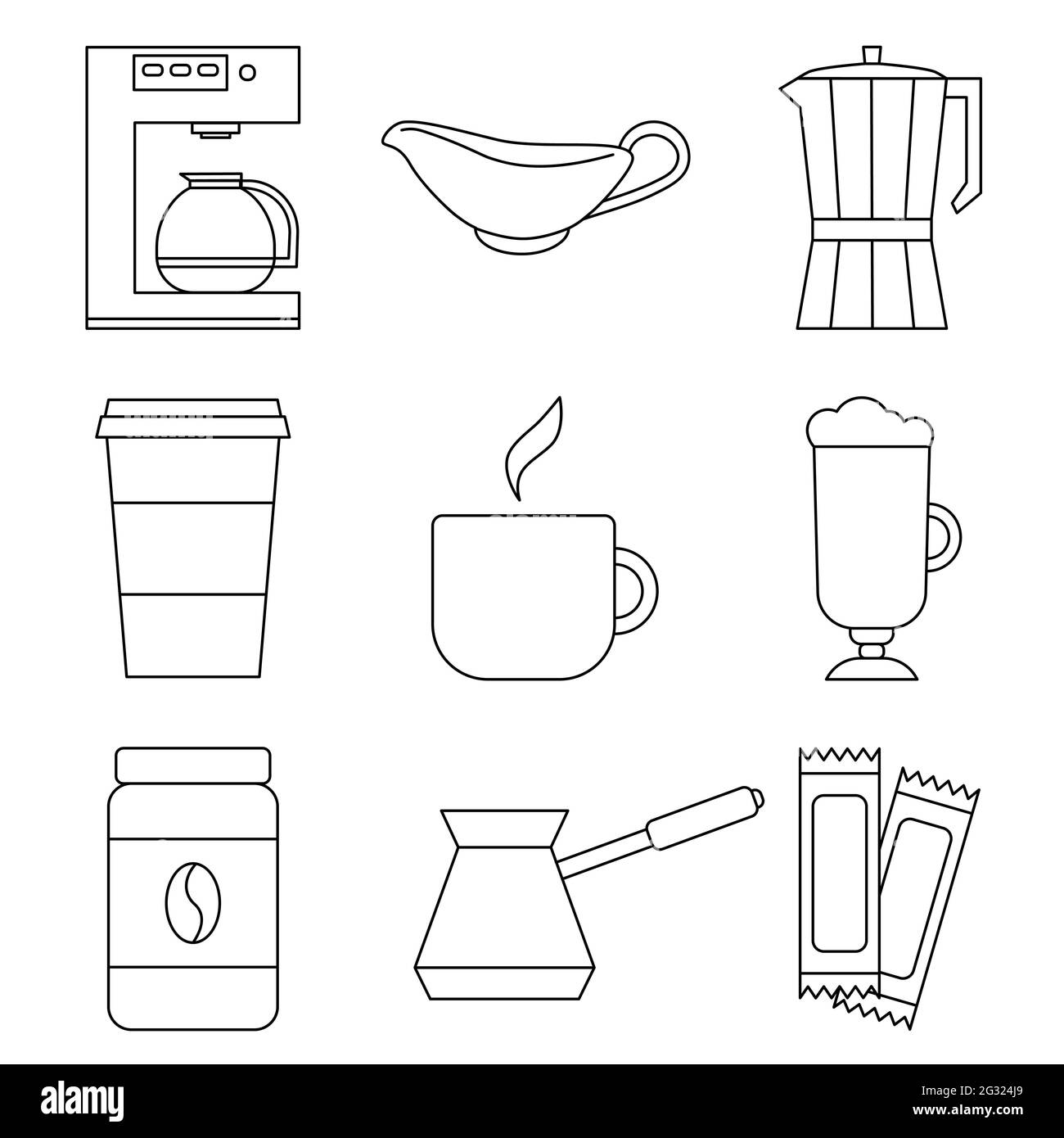Set of 9 coffee vector icons. Outline icons such as coffee machine, milk cream, kettle, turkish coffee pot and can of coffee. Stock Vector