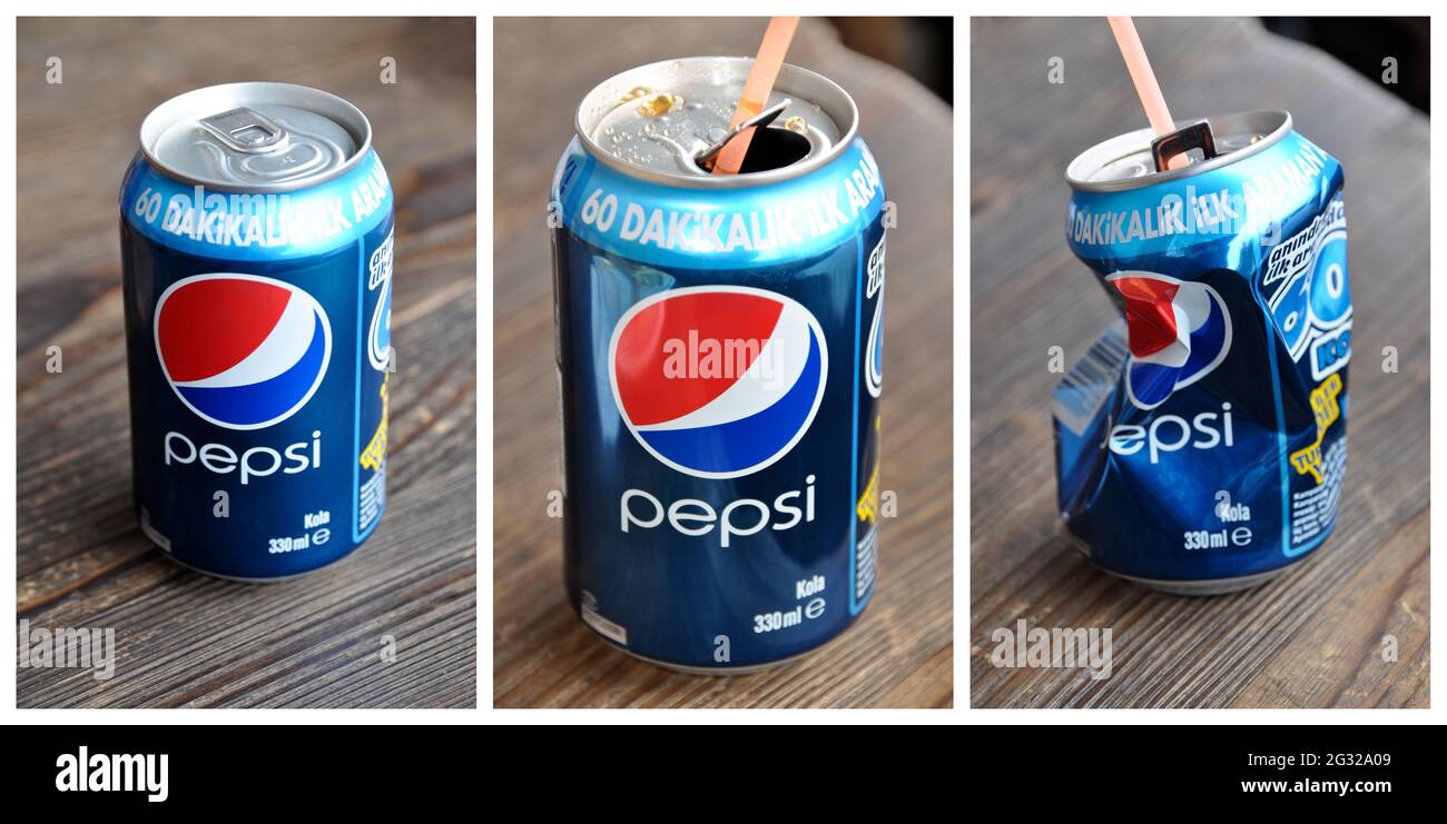 The world's most drinking cola brand Pepsi, blue colored aluminum Pepsi box Stock Photo