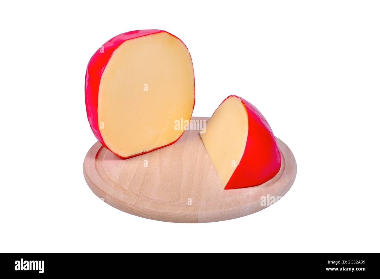 Very tasty edam cheese wrapped in red paraffin wax, on cutting board