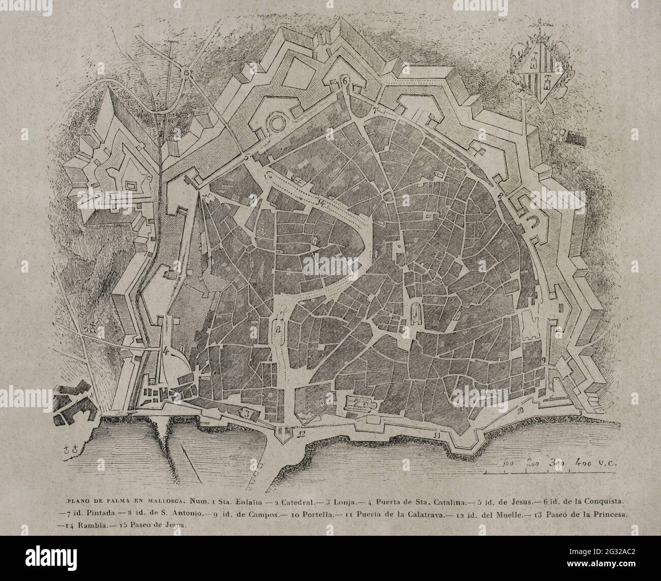 Spain, Balearic Islands, Majorca. Palma de Mallorca map. Las Glorias Nacionales, 1853. Stock Photo