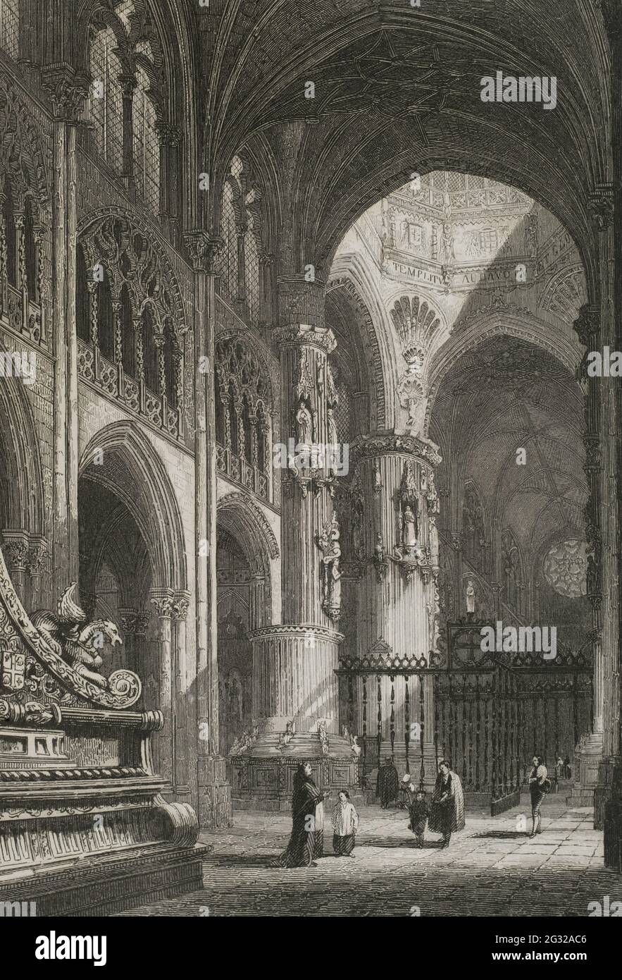 Spain. Burgos Cathedral. Inside view. Engraving by Antonio Roca. Las Glorias Nacionales, 1853. Stock Photo