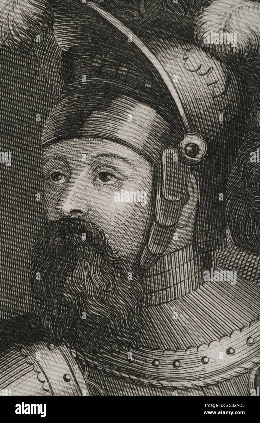 Wilfred I the Hairy (840- 897). Count of Barcelona, Cerdanya, Urgell, Girona and Besalú. Portrait, detail. Engraving by Antonio Roca. Las Glorias Nacionales, 1853. Stock Photo