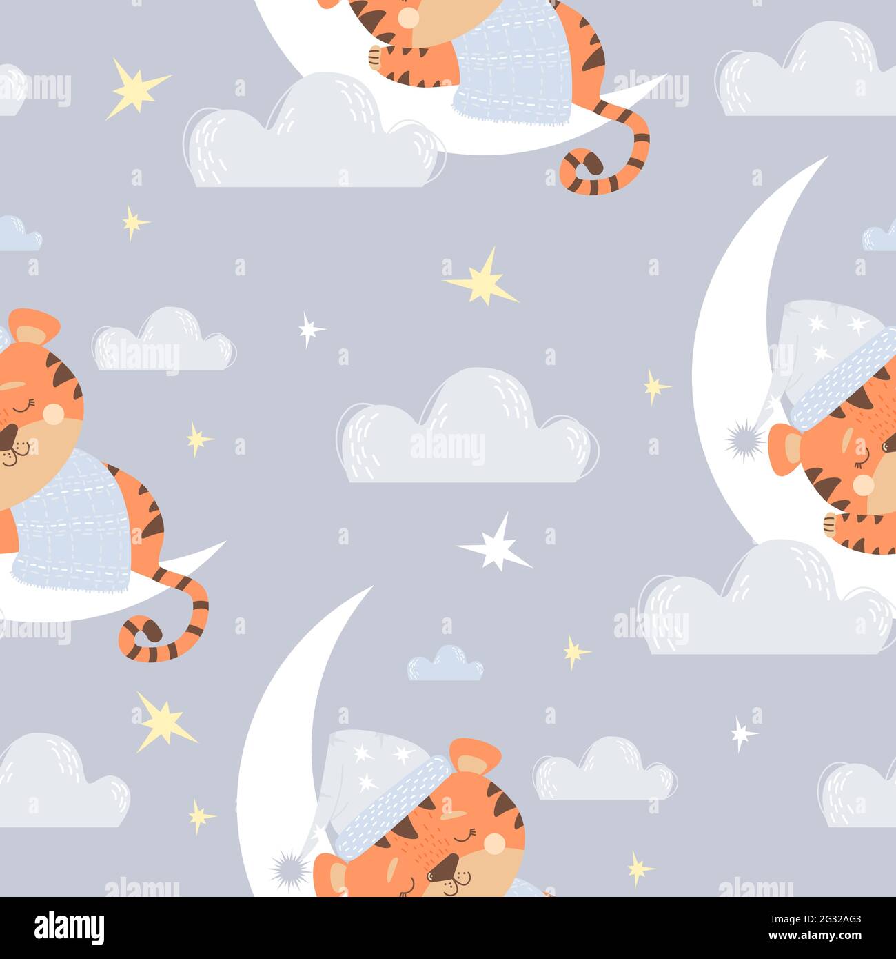 Seamless pattern with cute sleeping tiger. animal in blue nightcap and blanket sleeps on the moon on a light purple background with clouds and stars. Stock Vector