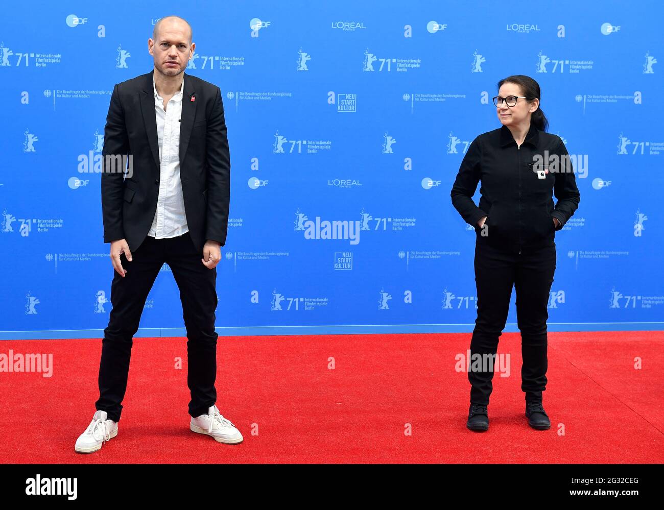 Berlin, Germany. 13th June, 2021. Members of the International Jury of the 71st Berlin International Film Festival, Israeli director Nadav Lapid and Hungarian director Ildiko Enyedi, show off before the awards ceremony at the Berlinale Summer Festival. Credit: Tobias Schwarz/AFP-Pool/dpa/Alamy Live News Stock Photo