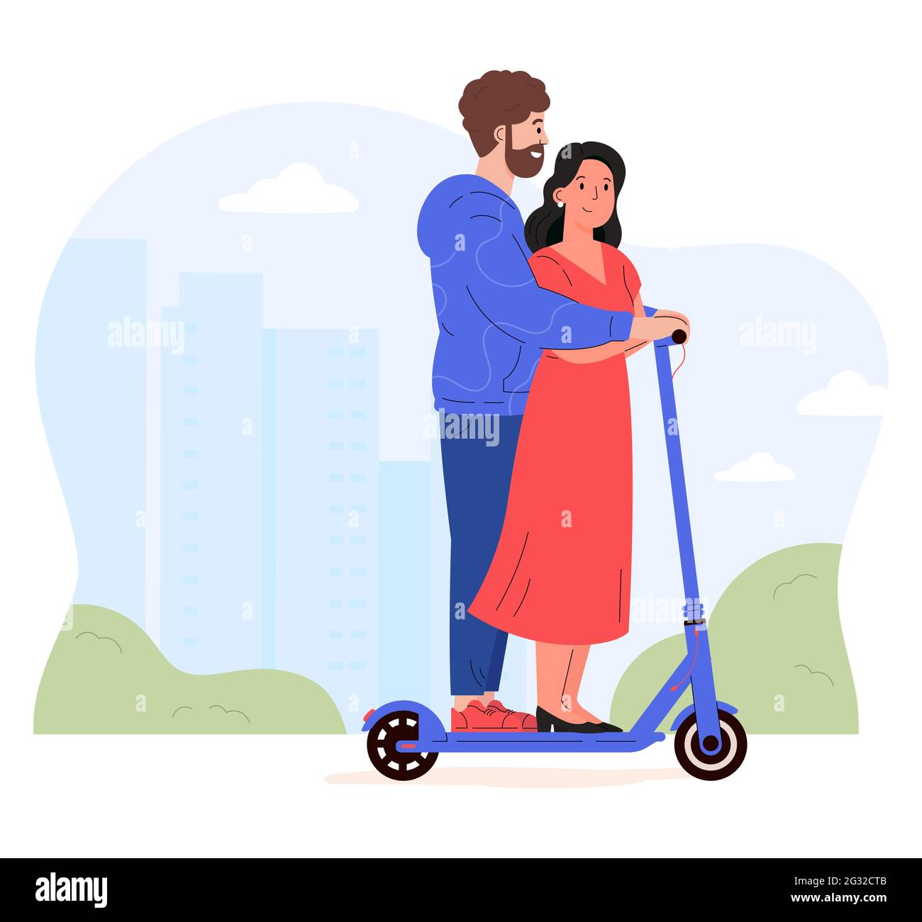 Couple rides together on a electric walk scooter.  Stock Vector